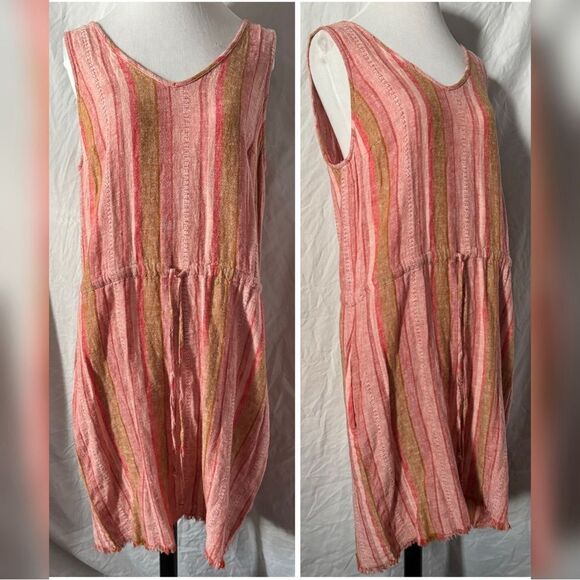 DREW for Anthropologie, Red Nat Dobby, Striped, Drawstring Linen Dress - Picture 4 of 15